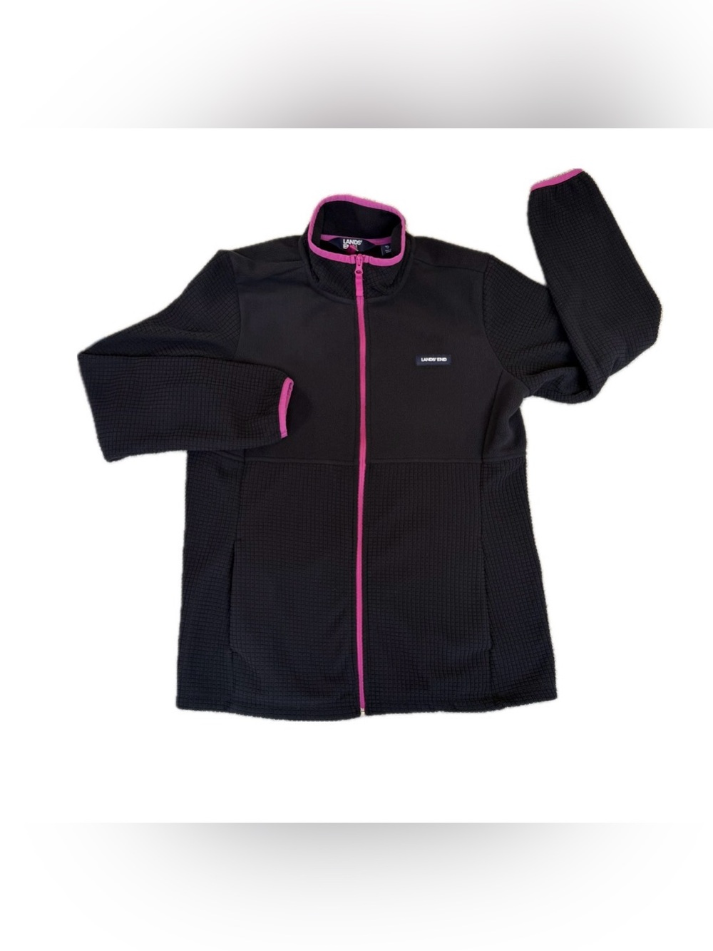 Lands’ End Full Zip Fleece Jacket Women’s XLarge Black/Pink Pockets